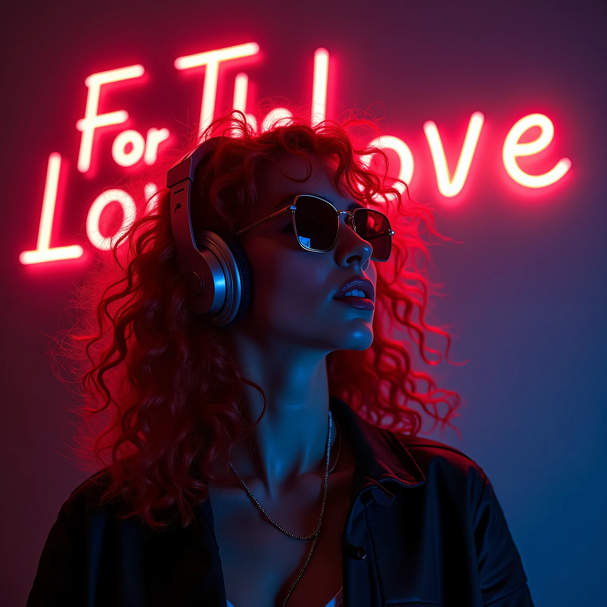 bright red hair. beautiful woman with curly hair Volume and sunglasses in headphones - earphone surrounding dark room neon cyberpunk at night coordinator neon glow,In the room the sign glows and shimmers in neon light" For The Love of Music" realistic style, beautiful colors, Living picture, masterpiece, detailing