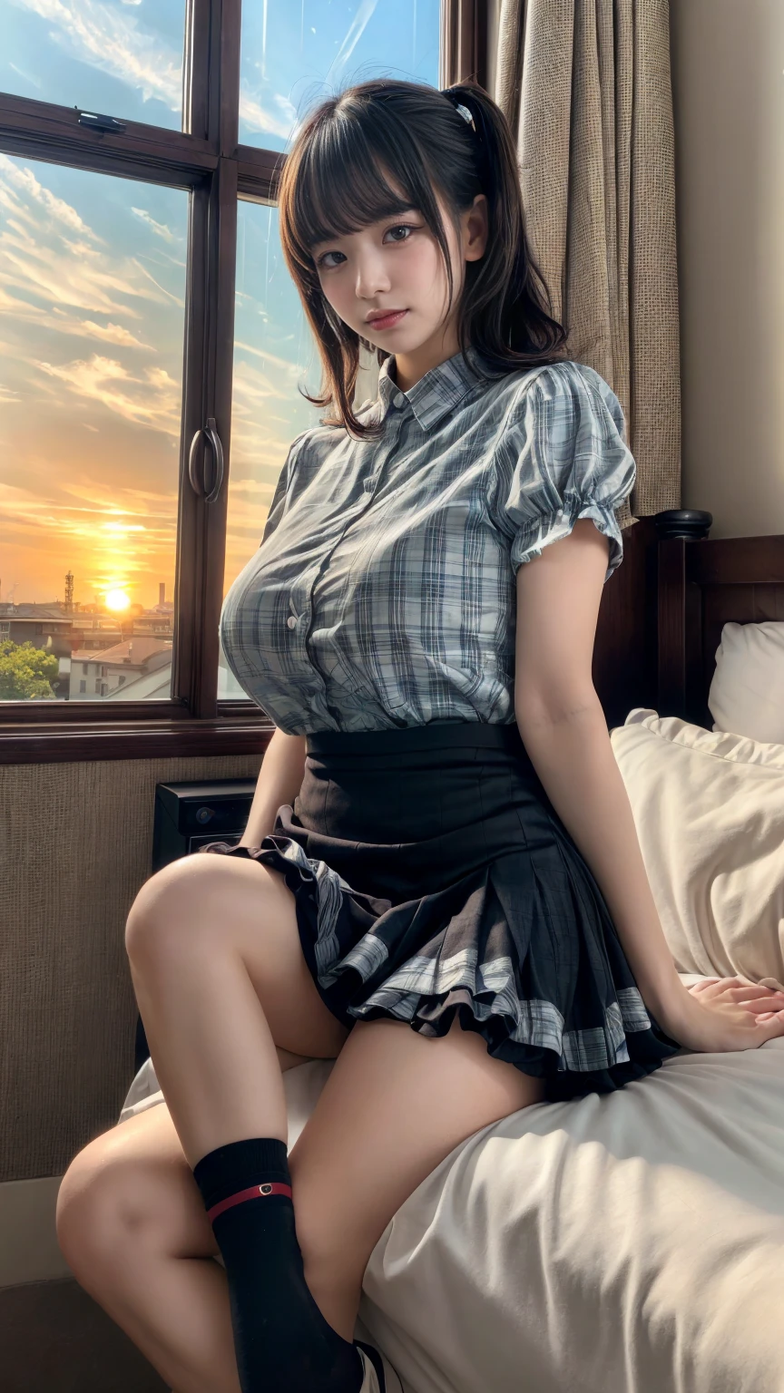 masterpiece, best quality, illustration, Super detailed, fine details, High resolution, 8K,wall paper, perfect dynamic composition,(Details High quality, realistic depiction of eyes:1.3), short hair, (wavy hair:1.2), (Ruffled shirt、)(Checked mini skirt、red、black、),  pony tail hair, huge breasts,  black hair color, Big Natural Color Lip, bold sexy pose, crying a little、little smile, Harajuku style、20 year old girl、cute type、lolita、beautiful legs, hotel room, full body photo、focus on crotch, hposing Gravure Idol, Sexy shot looking at camera, Sunset, by the window, Summer, knee sox, make up, Curve