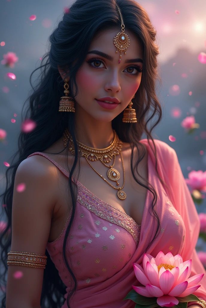 (absurderes, A high resolution, Ultra detailed, hdr), Masterpiece, Best quality, extreme realistic portrayal of Goddess Lakshmi in a closeup shot, dressed in a shimmering (((pink))) saree. Her long black hair cascades untied, adorned with intricate jewellery, including a necklace, earrings, armlets, bangles, and rings. She holds a delicate lotus flower, her big black eyes glowing with natural beauty. The background is filled with vibrant colors, dreamy northern lights, and soft lighting, enhanced by pink bubbles, all contributing to a romantic, vintage aesthetic. A sultry Exhibitionist Amorous MILF with voluptuous breasts and deep V-neck blouse cleavage.