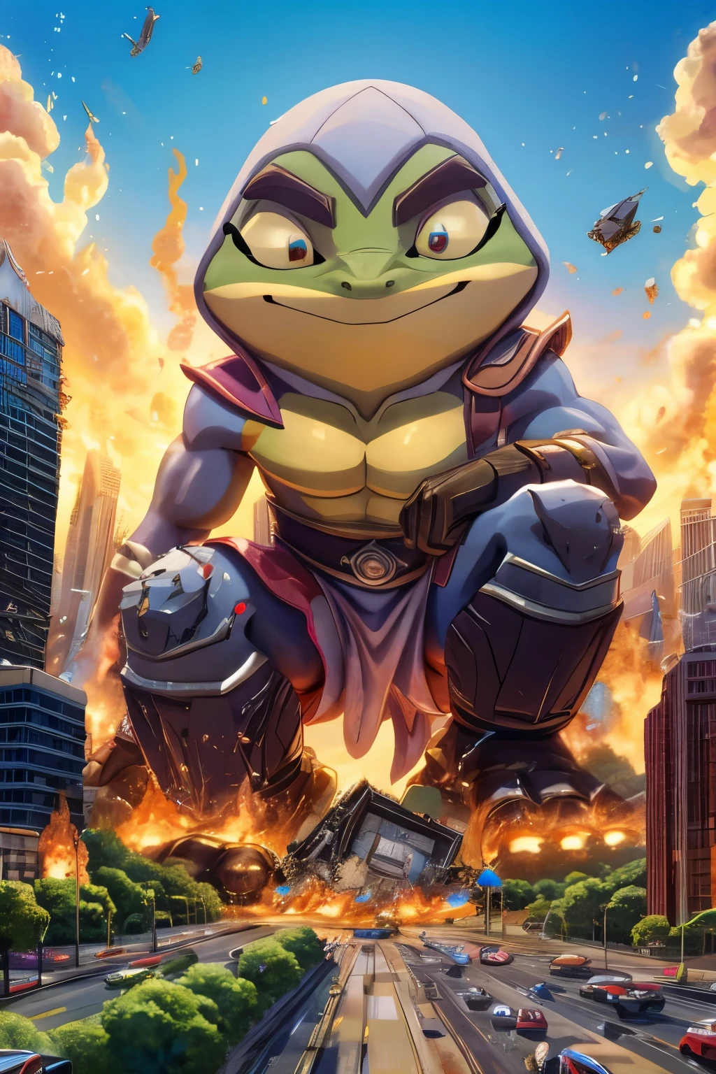 bullfrog, macro, destruction, smiling, looking down, topless