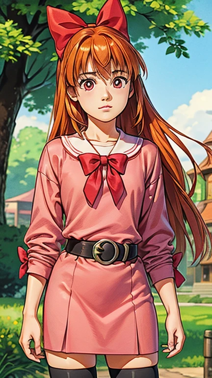 (Teens:1girl: blossom), (extremely detailed CG unit 8k wallpaper),(master part), (best quality), (ultra detail), (best illustration),(GHIBLI_Background), cowboy shot, (Sharp eyeliner, ombre, detailed eyes:1), town, outdoor, ,break , (Tsukasa-Hojo-Style), upper body, orange hair, long hair, blunt bangs, pink eyes)
(bow, dress, belt, thighhighs,