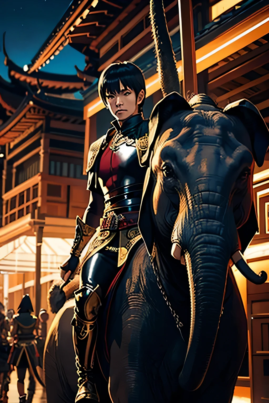 Thai character riding an elephant ,Thai Warrior Costume, Ready for battle, Inspiration from the Black Organization,