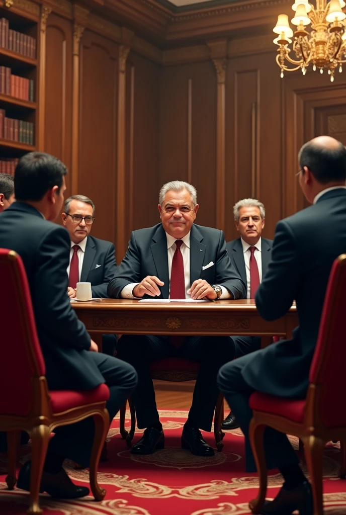 Jose Gregorio Paz Soldán talking with politicians in an elegant room, discussing legal reforms.