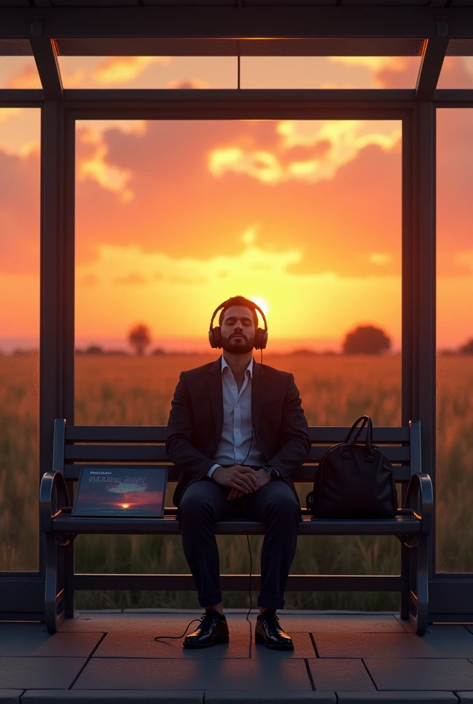 A man with headphones sitting at a glass bus stop at sunset with a wide view of the album cover reading “sunset”