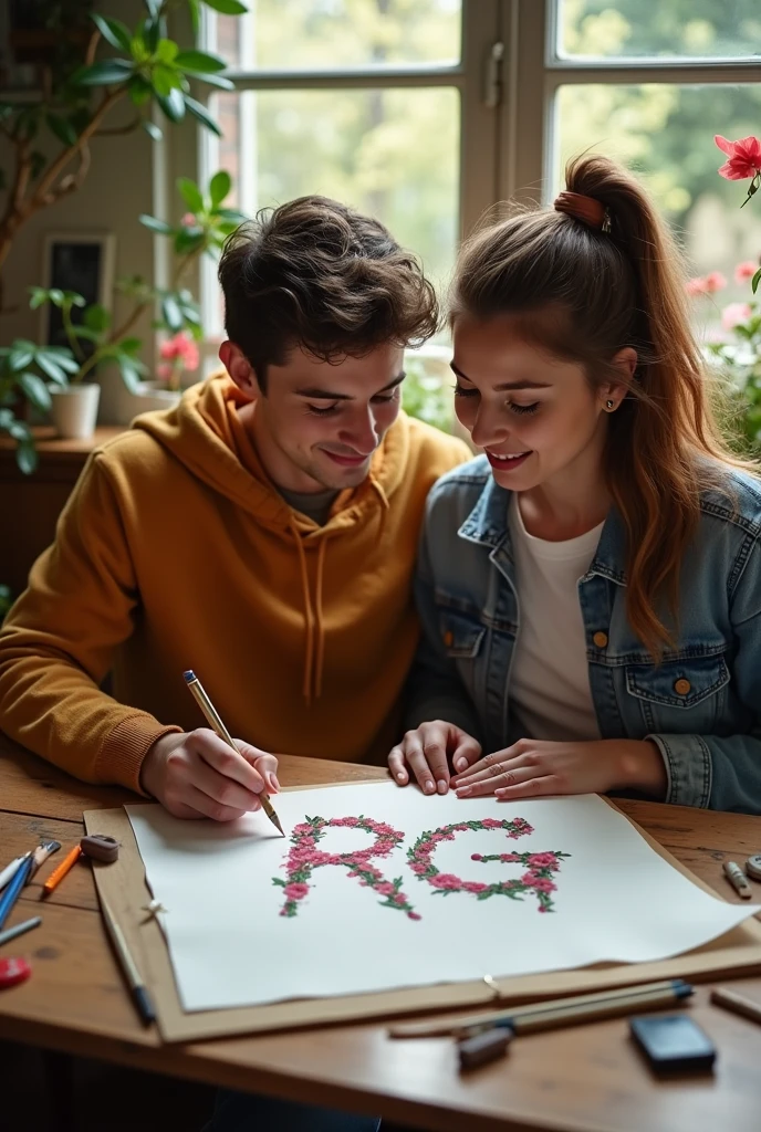 Photo of a couple with the initials RG Drawing 