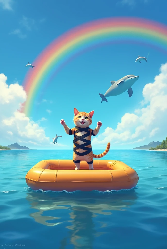 Square rubber boat on the sea。A cute cat is standing and dancing。
hand、feet、Black tape wrapped around the body。
The sky is blue and there is a rainbow。
The dolphins are watching。
