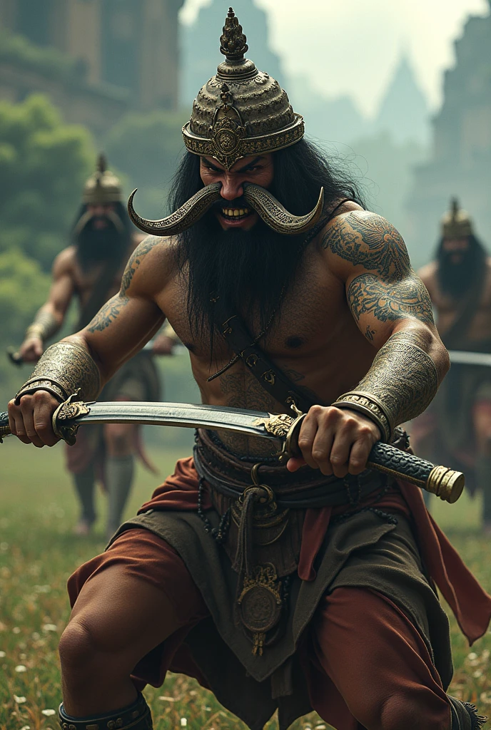 Ancient Thai soldiers have disguised moustaches, fangs, and hold double swords with tattoos.