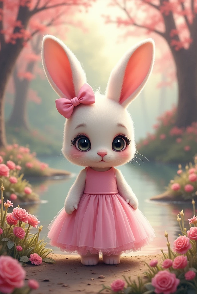 Bunny , Pink bow , fairy tale pond , eyelashes , wearing a soft pink dress , pink forest