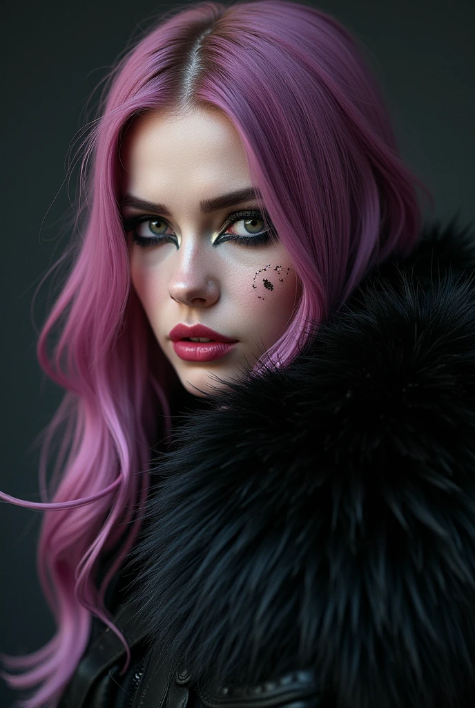 Best Quality,High resolution,ultra detailed,realist:1.37,portrait,(ravengrim), ravengrim, ravengrim face, make up, eyeliner, good proportions, multi-colored hair, purple hair, black fur, sexiest quality, looking forward