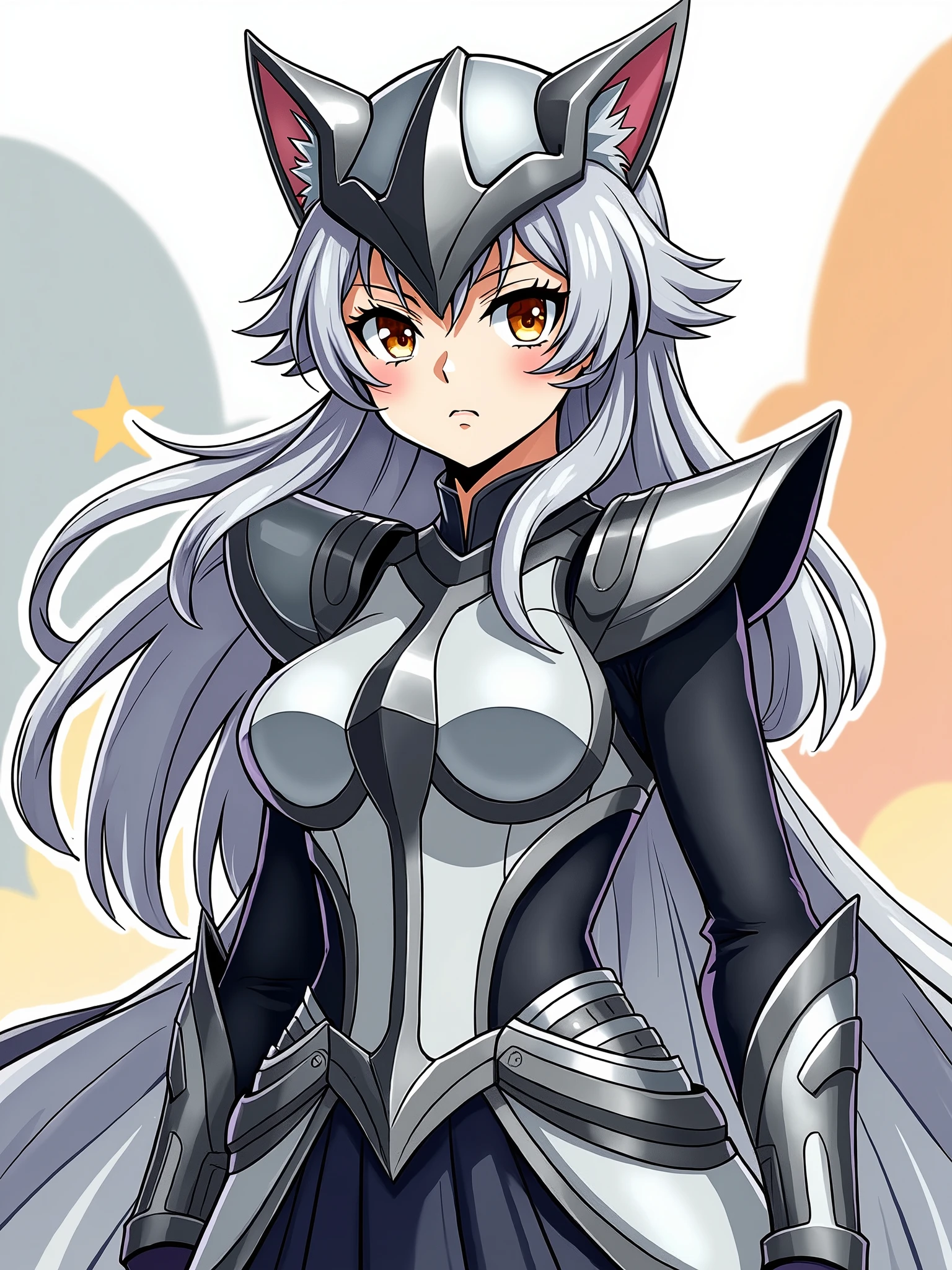 Coloring book of girl king of the zodiac wolf, detailed face and eyes of hers, grey hair, gray and black armor, helmet , Saint Seiya, 2023s Anime, Sketch, bold outline, bold colors, simplified features, tri-color, White , blond skin, action pose,