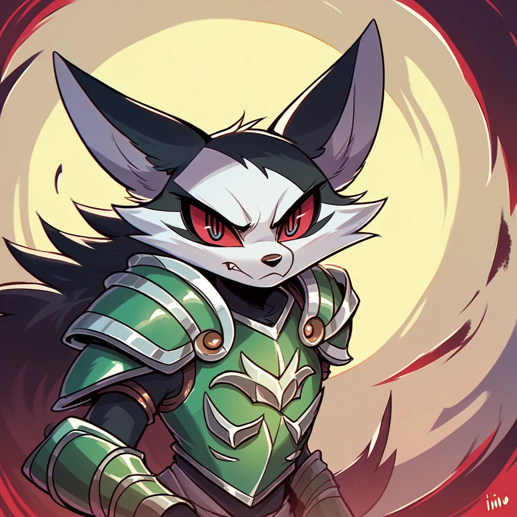 felino, score_9, score_8_up, score_7_up, score_6_up, Evil fox with ebony black fur and fuchsia eyes in demonic armor Waiting to start