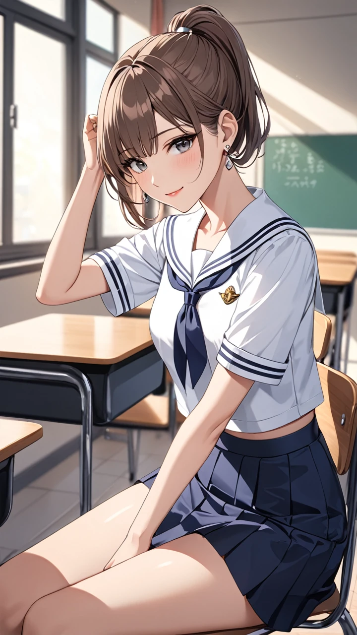 Highest quality　masterpiece　High resolution　masterpiece　Brown Bob　　Grey Eyes, high pony tail cut, wearing sailor uniform, seductive smile, tight, sit on chair, classroom, mature female, adjusting hair, earrings, 