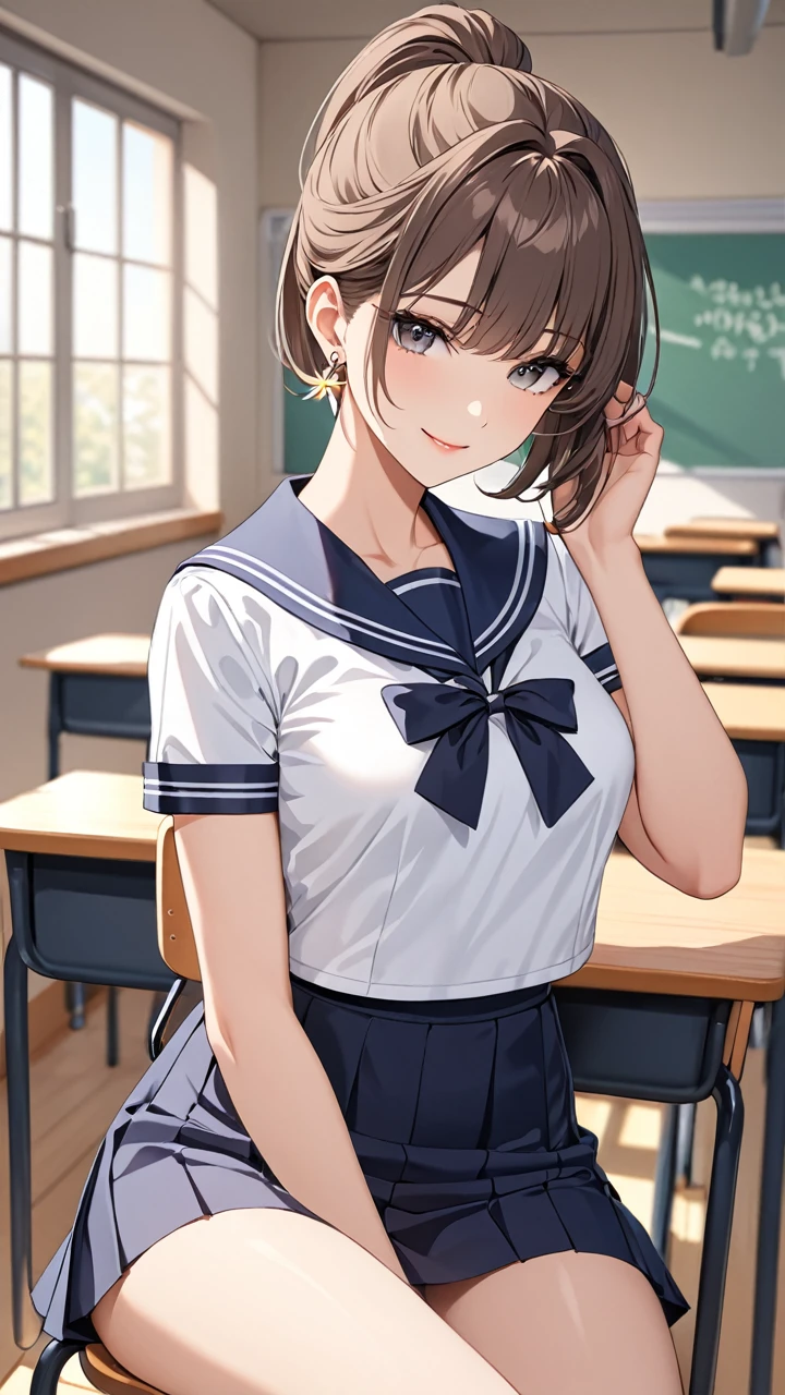 Highest quality　masterpiece　High resolution　masterpiece　Brown Bob　　Grey Eyes, high pony tail cut, wearing sailor uniform, seductive smile, tight, sit on chair, classroom, mature female, adjusting hair, earrings, 
