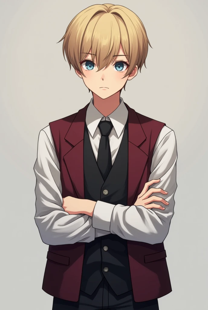 More mature anime style image. A gray background image. ager with arms crossed and a serious expression. His blond hair was neat, his eyes were dark blue. He wore school clothes, a white dress shirt without a tie, a black vest and a dark red blazer, and black pants.