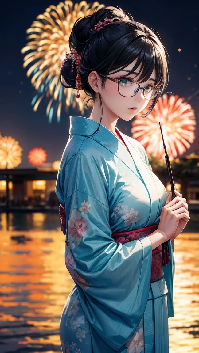 Gorgeous turquoise yukata Fireworks set off in the background Mature Woman Rimless glasses Black hair chignon