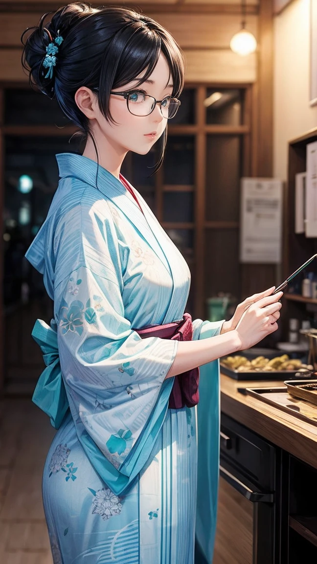 Gorgeous turquoise yukata　Fireworks set off in the background　Mature Woman　Rimless glasses　Black hair chignon