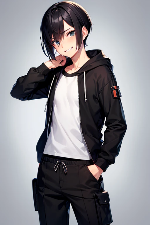 Highest quality, Androgynous male,Cute face,Flat Chest,Black Hair,Short Bob Cut,cargo pants,shirt, hoodie,Smiling shyly, Blushing, Character portrait