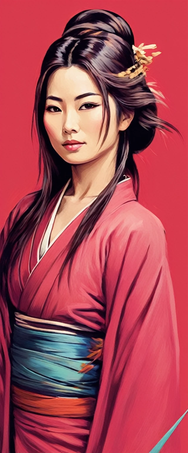 Japanese woman warrior, digital artwork, bold lines, vibrant, pop-art colors,5 colors,kodew