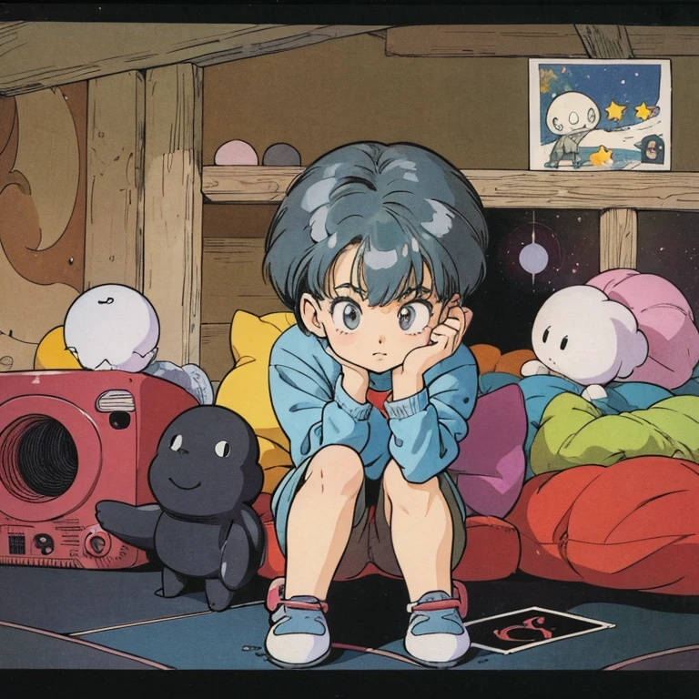 ((a cute girl)),gray hair,medium　short hair,black sweater,full body,flat fill,analogue,1990s,comic,Simple line art,retro anime,many colorful stars,night,space、no gravity,takahashi rumiko,simple、Very cute design、print,Simple Background、Paul Klee、mysterious、Old Polaroid Film、plant