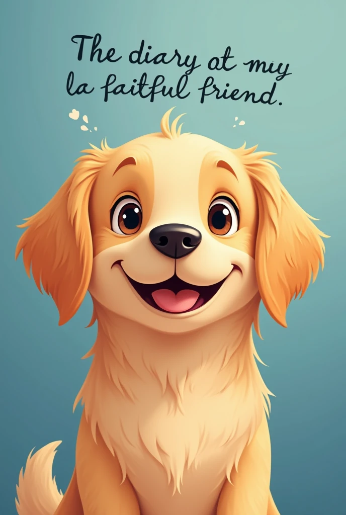 Cute golden retriever face animated image with title "The diary of my faithful friend" in Spanish with elegant and stylish font and blue gradient background 