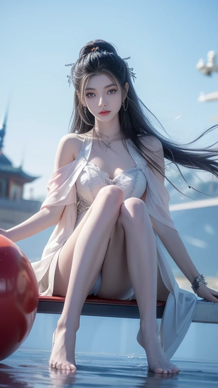 ((whole body)), 1 girl, Long hair, Red costume, （Transparent clothes）, Black Hair, （Dynamic flight attitude）, long legs, Slender eyes, Fascinating eyes, （Chinese Goddess1.2）, Three long thin red hairpins, Elongated eyebrows, Tall and skinny, （Dunhuang art1.1）, （Very intricate details1.2）, Big round breasts, （The action is flowing1.2）, （Sexy pose）, Transparent Clothes, Leakage out of the breast, Very high color saturation, Off-shoulder, raised eyebrows, Barefoot, bare legs, Delicate face, Fluffy hair, Transparent Clothes, gradient eyes, color contact lenses, light smile, Surrealism, ray tracing, reflection light, high detail, Romanticism, retina, masterpiece, anatomically correct, high details, highres, 8k, super detail