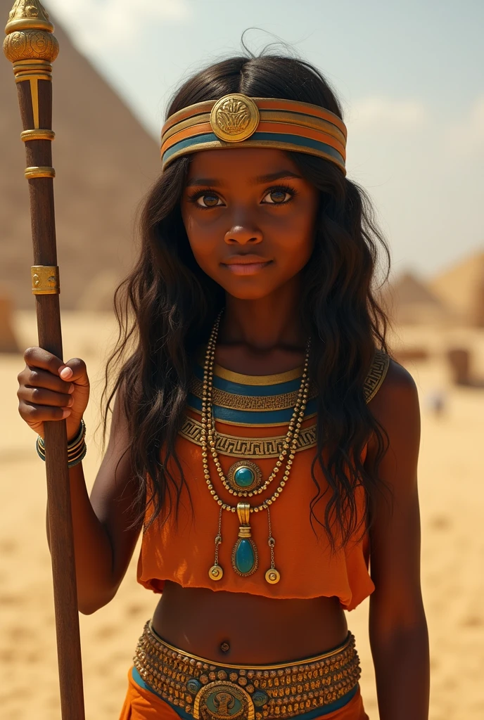 (masterpiece), best quality, expressive eyes, perfect face, cowboy shot, realistic, shiny skin, sweat, 1girl, dark skinned female, cleavage, , 9 years old girl, cute, solo, small breasts, egyptian clothes, holding staff, at temple, pyramid, 