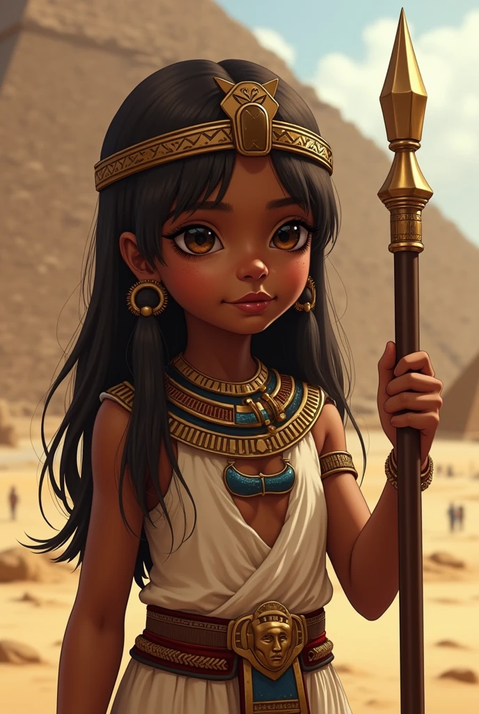 (masterpiece), best quality, expressive eyes, perfect face, cowboy shot, realistic, shiny skin, sweat, 1girl, dark skinned female, cleavage, , 9 years old girl, cute, solo, small breasts, egyptian clothes, holding staff, at temple, pyramid, 