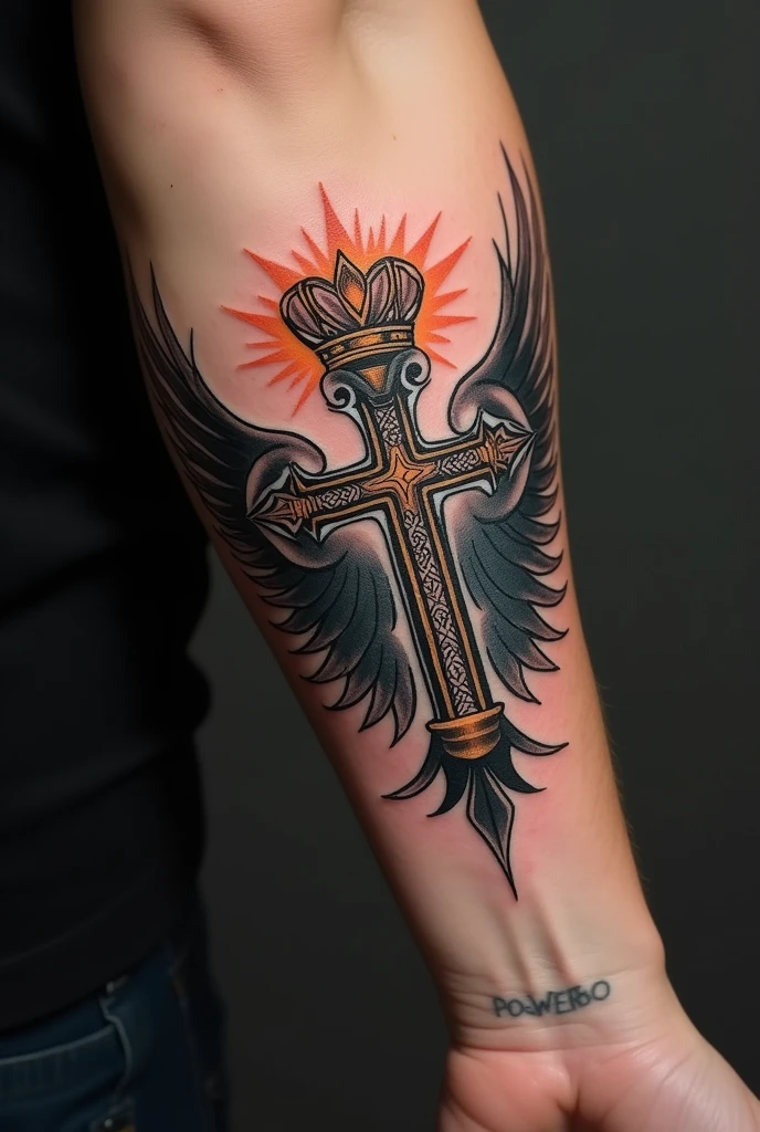 Cross with a crown and wings tattoo