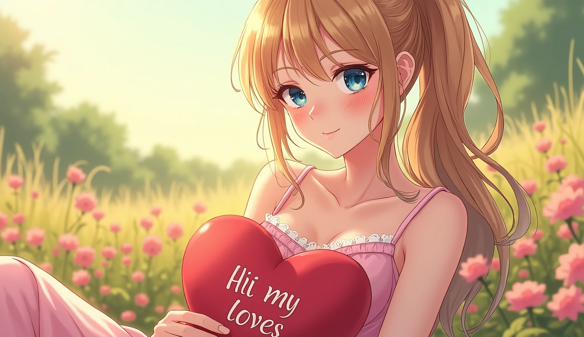 (best quality, ultra-detailed, photorealistic: 1.39), bright and vibrant colors, studio lighting, romantic expression, An effeminate girl, with a delicate and beautiful face. A beautiful mature woman, with her blonde hair with a high ponytail, copper bangs, her blue eyes match her smile, her large breasts seduce, pink dress with beautiful white strap details, she finds herself relaxing in a field of flowers, she holds a heart pillow with hi my loves written on it, manga style, anime features manga style, fully body , she is in love, anime style