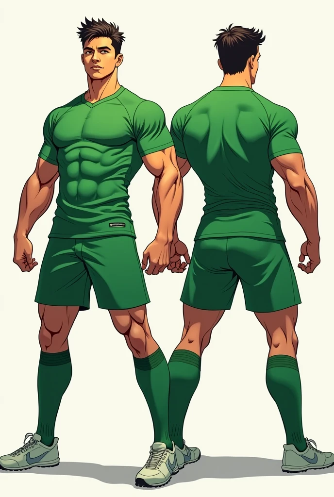 anime art: two masculine 22-year-old males with a big bulge, wearing a green soccer outfit , they're squatting down, flexing biceps, front angle view, big bulges
