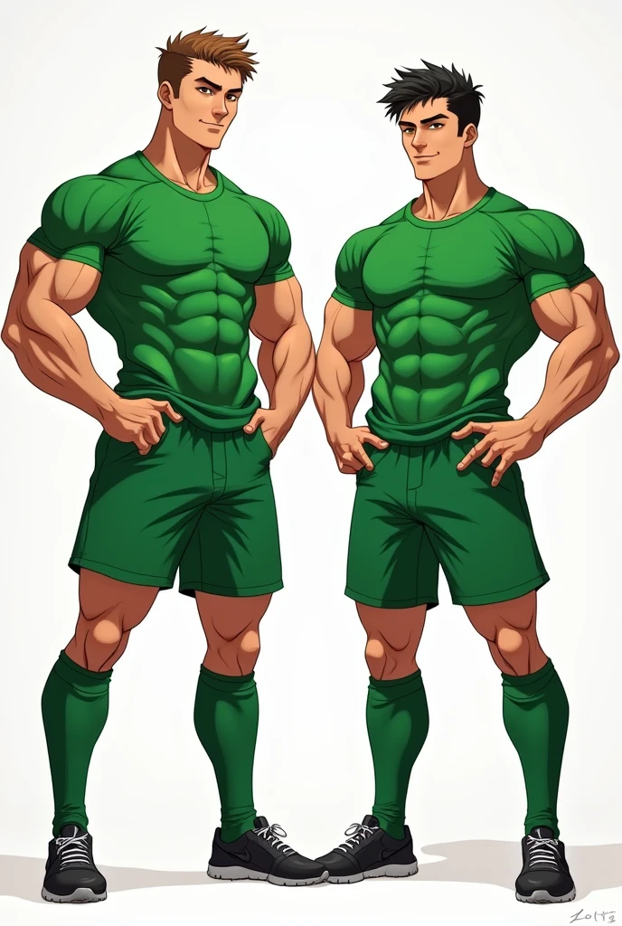 anime art: two masculine 22-year-old males with a big bulge, wearing a green soccer outfit , they're squatting down, flexing biceps, front angle view, big bulges
