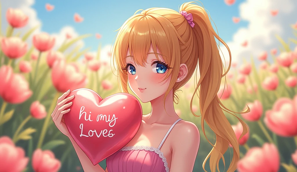 (best quality, ultra-detailed, photorealistic: 1.39), bright and vibrant colors, studio lighting, romantic expression, An effeminate girl, with a delicate and beautiful face. A beautiful mature woman, with her blonde hair with a high ponytail, copper bangs, her blue eyes match her smile, her large breasts seduce, pink dress with beautiful white strap details, she finds herself relaxing in a field of flowers, she holds a heart pillow with hi my loves written on it, manga style, anime features manga style, fully body , she is in love, anime style
