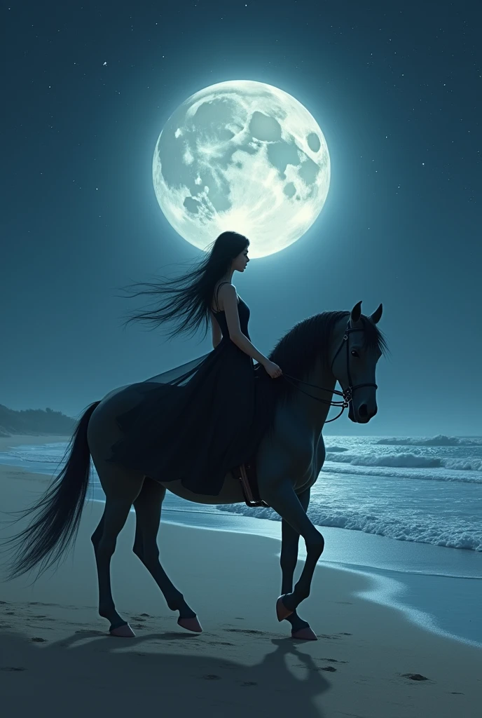 Light skinned woman with long black hair wearing a black dress riding a horse on a deserted beach on a starry night with a full moon