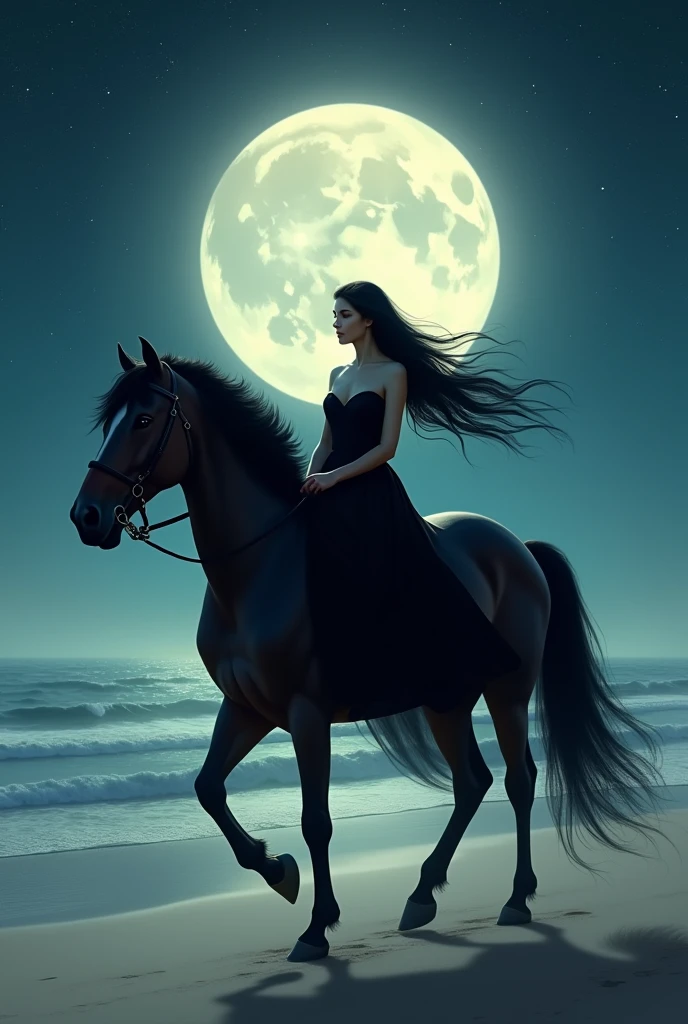 Light skinned woman with long black hair wearing a black dress riding a horse on a deserted beach on a starry night with a full moon