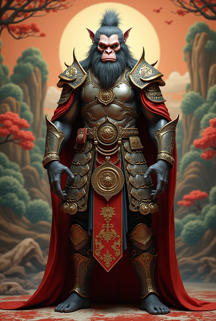 Image of a man in armor standing in front of a painting, sun wukong, wukong, Marmoset Rendering, Inspired by Li Kan, Inspired by Hu Zaobin, Sun Wukong, Humanoid monkey fantasy race, 3D ape-man shaman profile portrait, Wojtek Fuss, Inspired by Wu Daozi, high detail iconic character