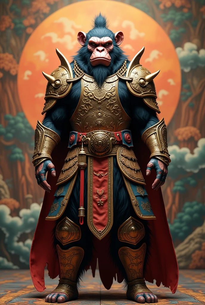 Image of a man in armor standing in front of a painting, sun wukong, wukong, Marmoset Rendering, Inspired by Li Kan, Inspired by Hu Zaobin, Sun Wukong, Humanoid monkey fantasy race, 3D ape-man shaman profile portrait, Wojtek Fuss, Inspired by Wu Daozi, high detail iconic character