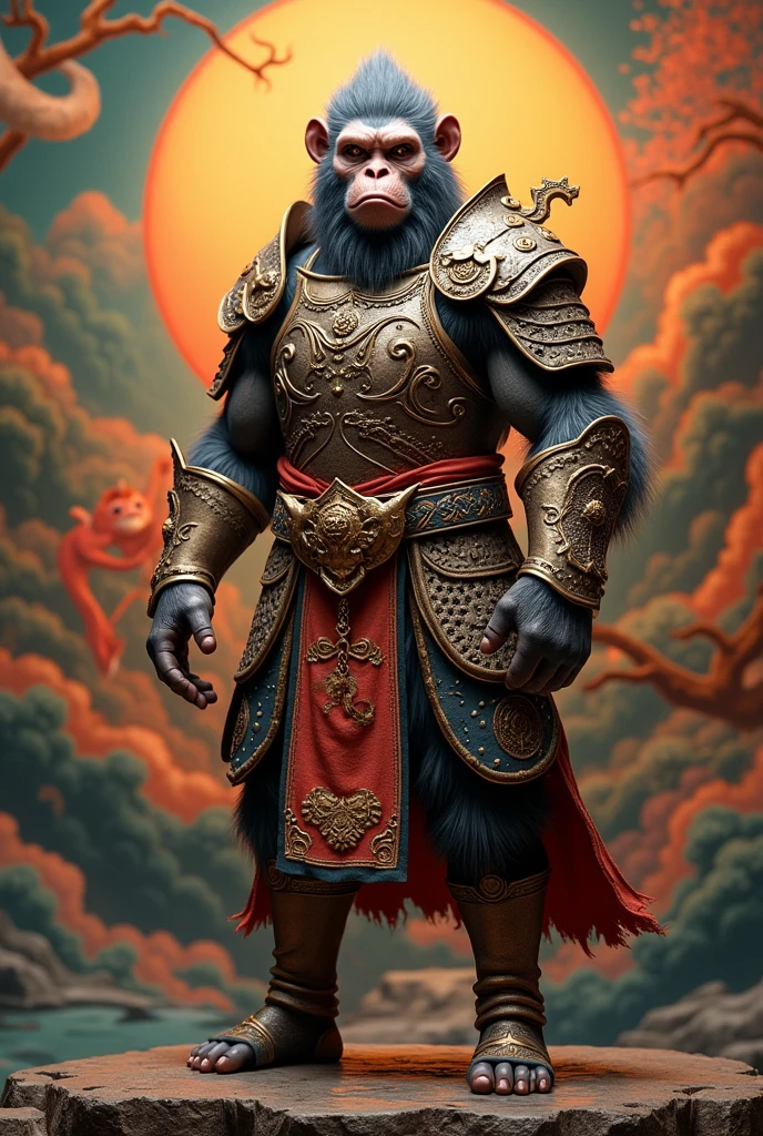 Image of a man in armor standing in front of a painting, sun wukong, wukong, Marmoset Rendering, Inspired by Li Kan, Inspired by Hu Zaobin, Sun Wukong, Humanoid monkey fantasy race, 3D ape-man shaman profile portrait, Wojtek Fuss, Inspired by Wu Daozi, high detail iconic character