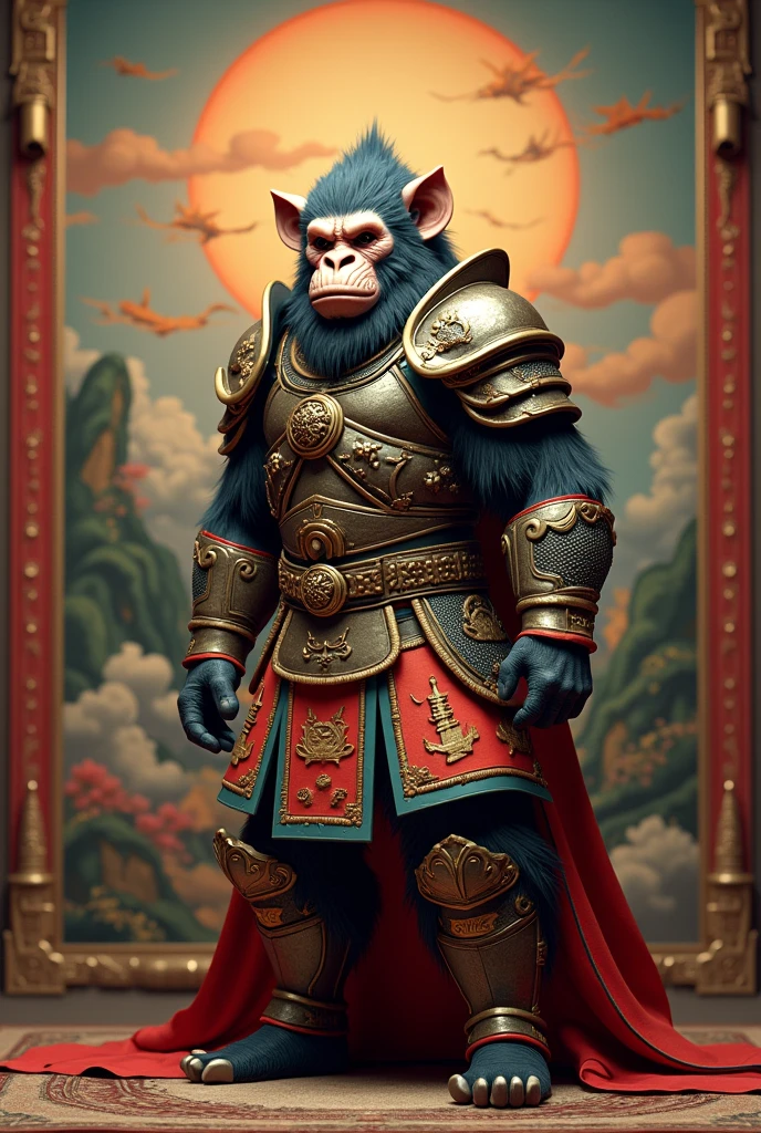 Image of a man in armor standing in front of a painting, sun wukong, wukong, Marmoset Rendering, Inspired by Li Kan, Inspired by Hu Zaobin, Sun Wukong, Humanoid monkey fantasy race, 3D ape-man shaman profile portrait, Wojtek Fuss, Inspired by Wu Daozi, high detail iconic character