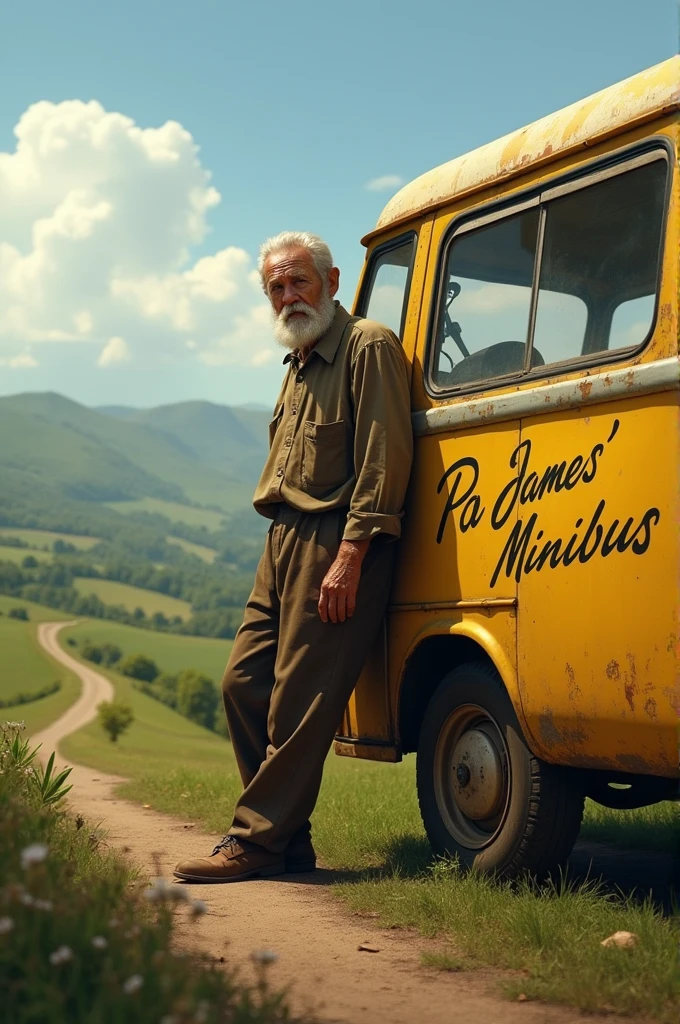Old man, leaning towards his yellow minibus, inscription on it Pa James' minibus, landscape