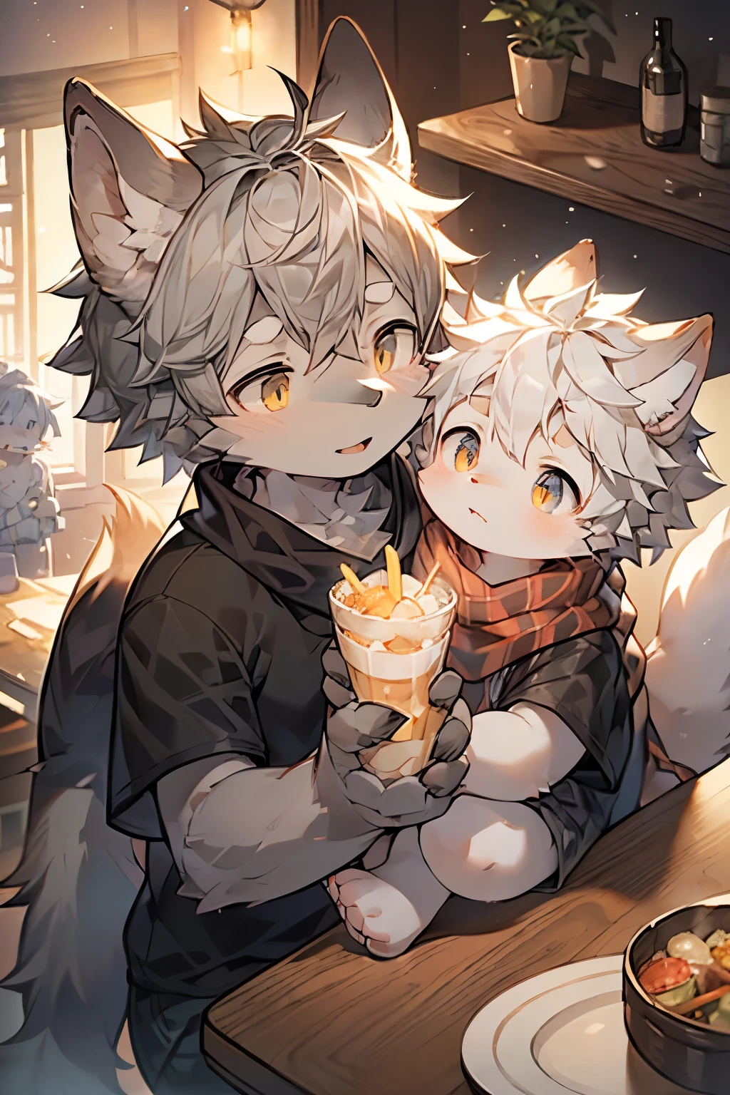 Gray Wolf Boy,Hairy boy,Babies and features,Gray hair,Gray skin,Black Arm,scarf,Short sleeve,shorts,Dining room,dining table,Clever