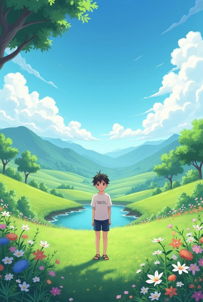 Can you make an anime with anime boy environment like a earth poster make sure its landscape