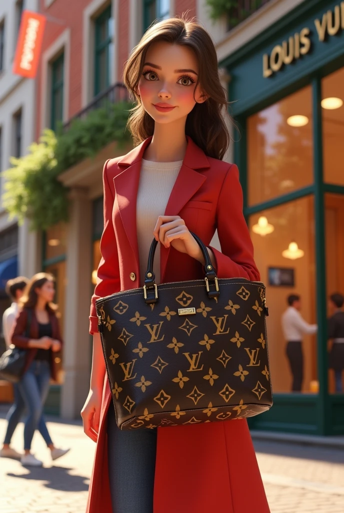 Woman in front of Louis Vuitton store, elegant with her bag, disney pixar style