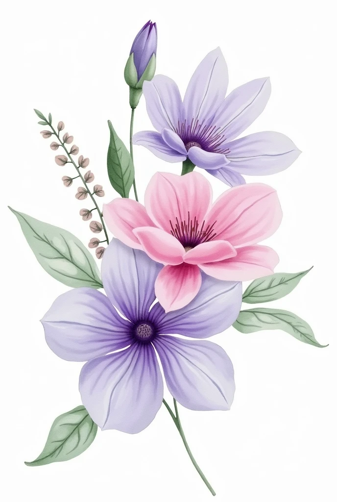 a bouquet of watercolor flowers with a light purple pink and light green color palette with a white background in png
