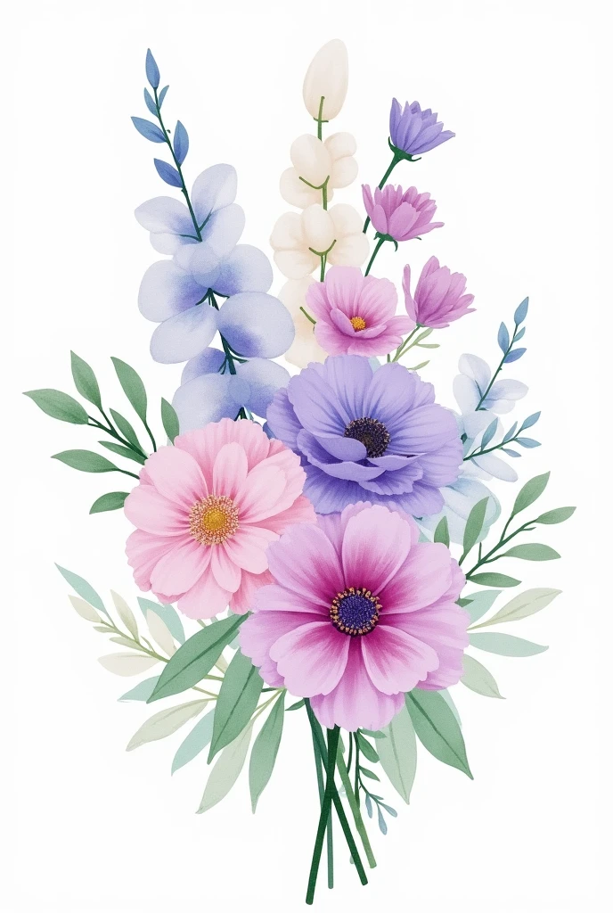 a bouquet of watercolor flowers with a light purple pink and light green color palette with a white background in png