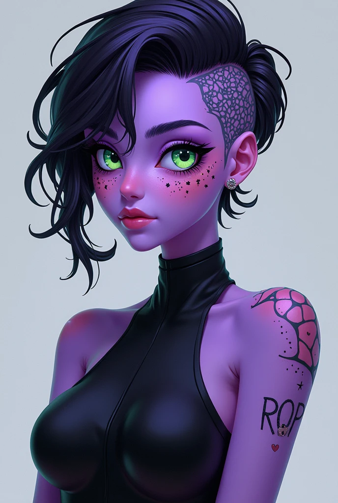 Purple skinned woman with black freckles, wearing a short black dress, with short hair shaved on the side and green eyes cute anime