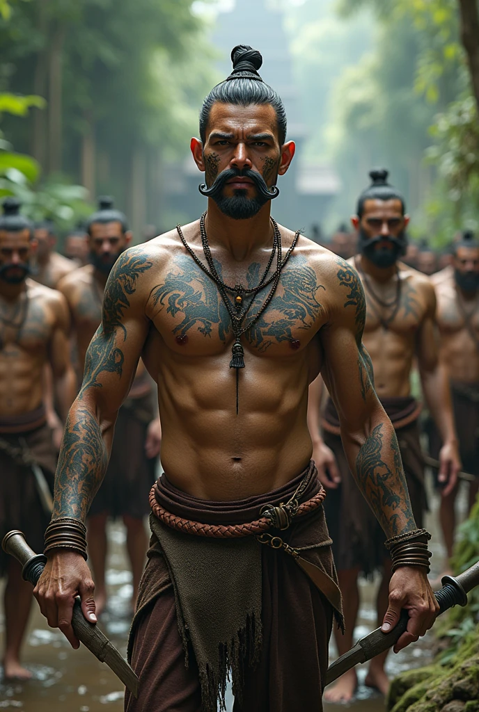 Ancient Thai soldiers take off their clothes, have mustaches and fangs, hold double swords, and have tattoos.