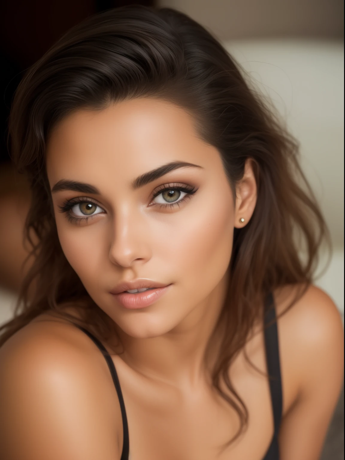 A photorealistic portrait of an incredibly pretty tanned woman with slight makeup, honey eyes, sexy lips , with slightly split chin , extremely detaileds, detailed symmetric realistic face, Extremely detailed natural texture, peach fuzz, messy and windy hair, Masterpiece, award-winning photo by Francesco Scavullo, nikon d850 film stock photograph, Kodak Portrait 400 F1 camera.6 lenses, extremely detailed, Amazing, fine details, Rich colors, Hyperrealistic texture, Dramatic lighting, unreal engine, Trend in Art-Station, Cine Still 800 Tungsten, looking at the viewer, realistic photo, RAW photo, high quality, high resolution, sharp focus, extremely detailed, cinematic lighting, sitting on a coffee table