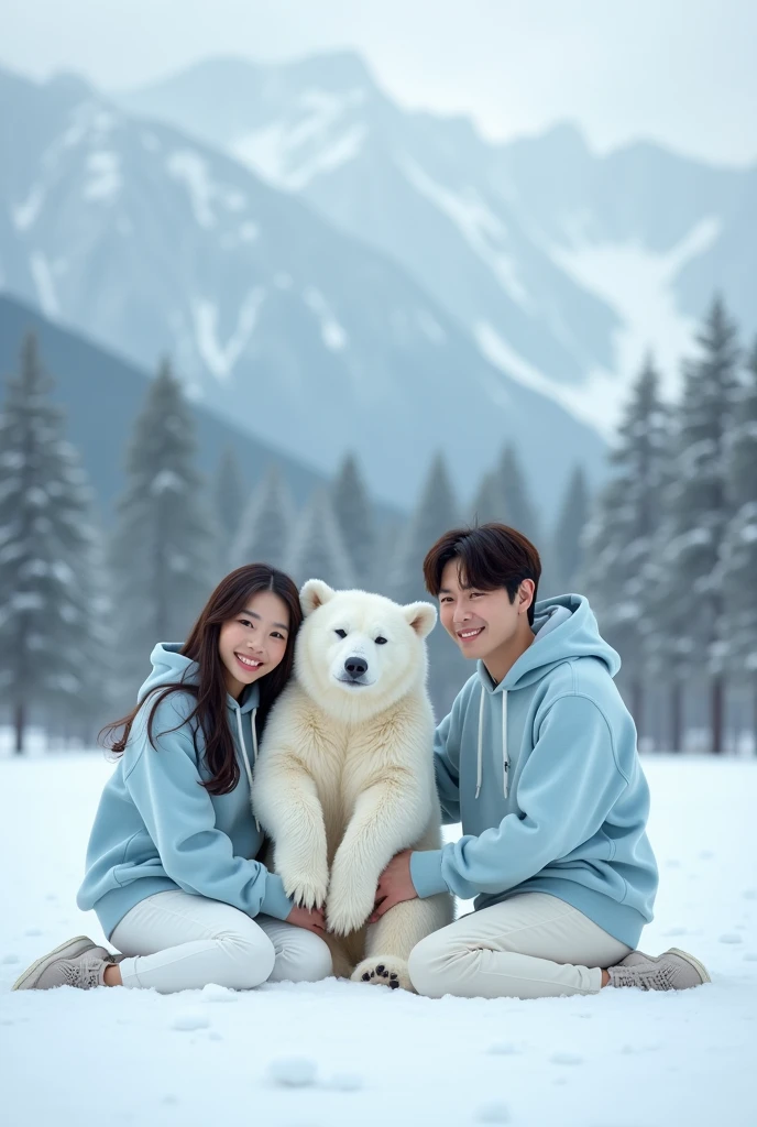 Beautiful white Korean woman, wearing a light blue knitted hoodie, white jeans, handsome pure white man, wearing a light blue hoodie, white jeans, boots, holding a white bear, next to a white bear, sitting in the snow, snow with a field background snow, snow mountain, snow pine tree, original photo