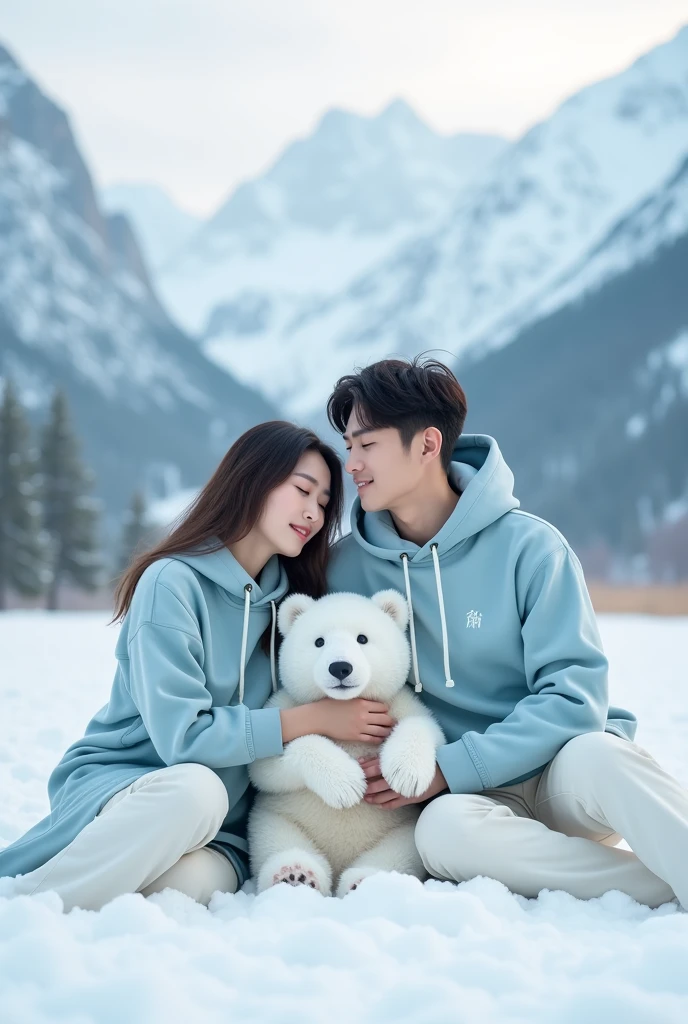 Beautiful white Korean woman, wearing a light blue knitted hoodie, white jeans, handsome pure white man, wearing a light blue hoodie, white jeans, boots, holding a white bear, next to a white bear, sitting in the snow, snow with a field background snow, snow mountain, snow pine tree, original photo