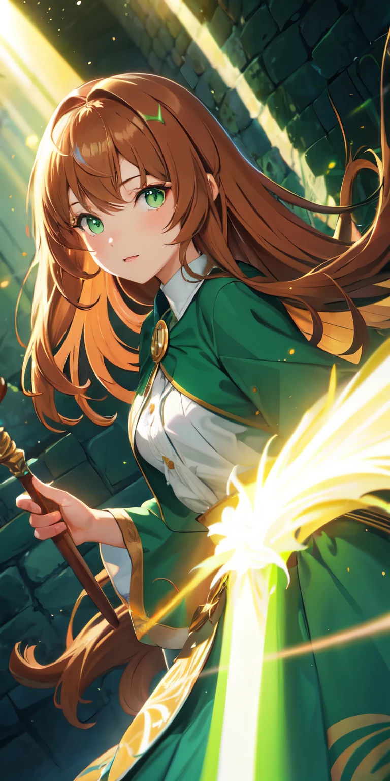 1 girl, chestnut hair, greeneyes, wind witch, bloodstains, Green light particles, green light rays, wall-paper, hight contrast, colorfully,